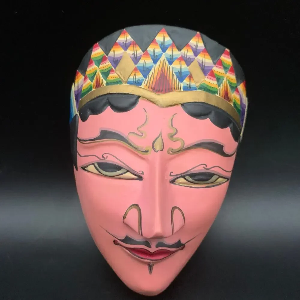 Vintage Indonesian Hand Carved Wood Pink Face Mask Wall Hanging Hand Painted